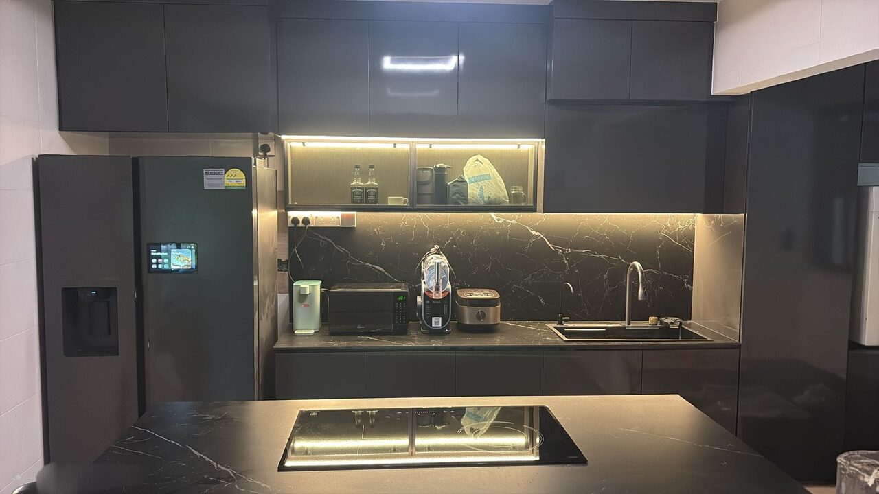 Graphite and nero-marble kitchen with smart fridge
