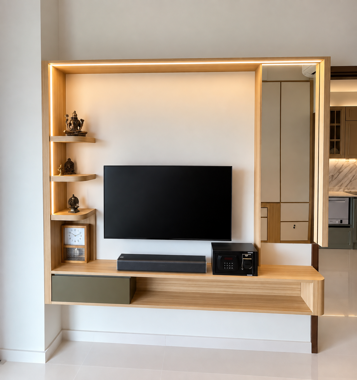 TV console — oak U-frame, corner shelves, olive drawer