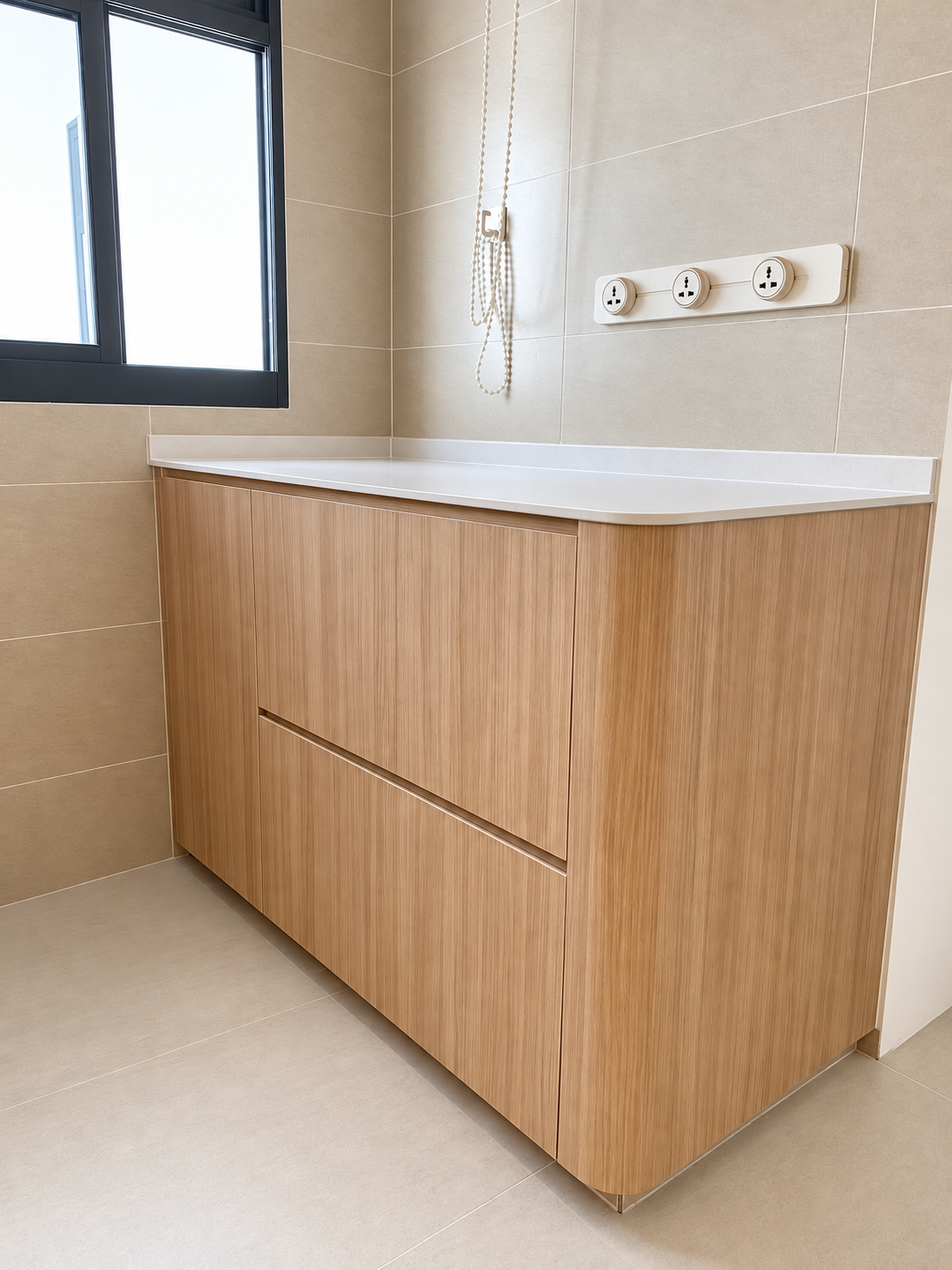 Bathroom oak vanity — white quartz top, push-to-open drawers