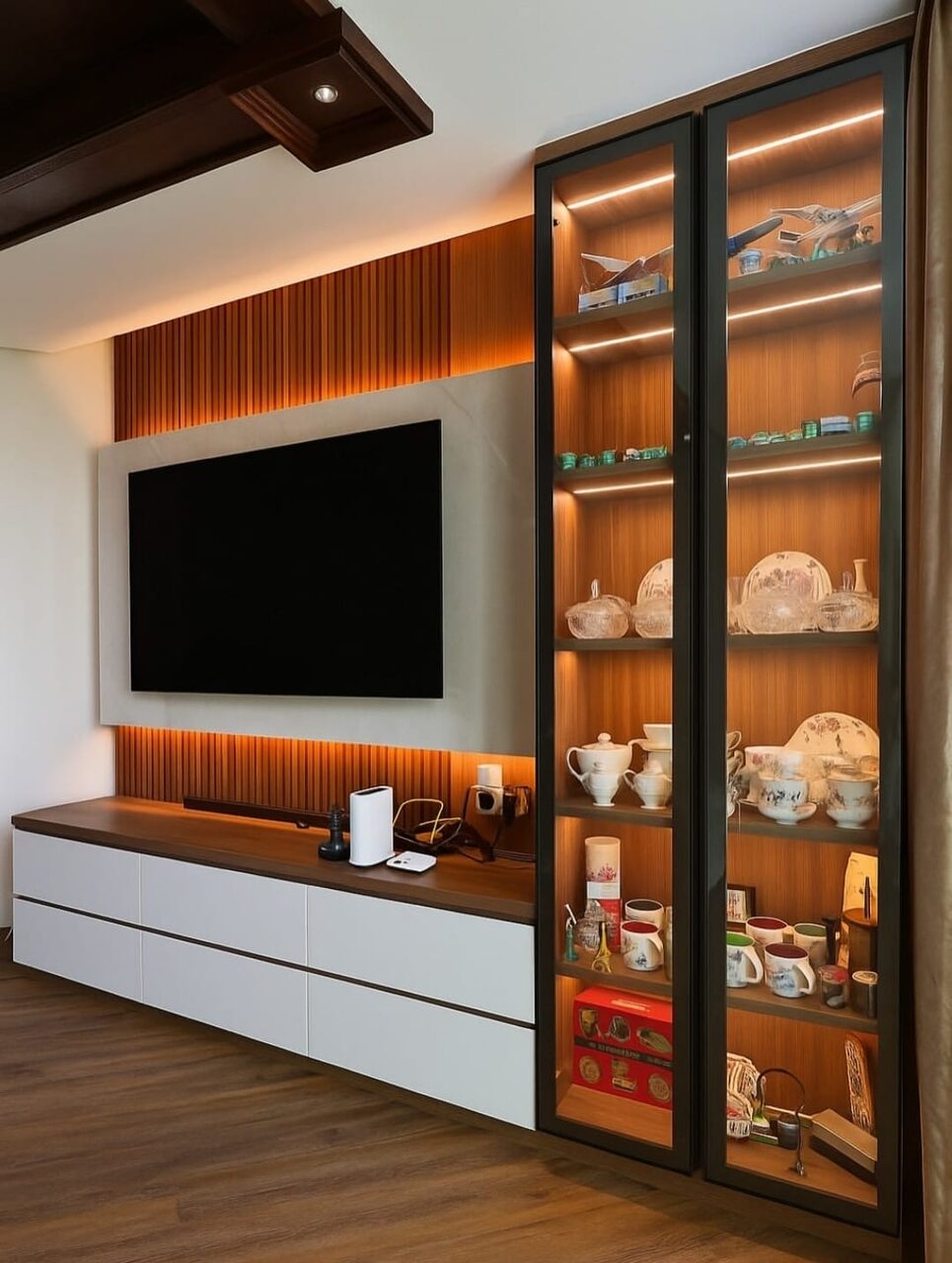 Woodlands Drive HDB concrete-and-fluted TV feature wall with lit display cabinet
