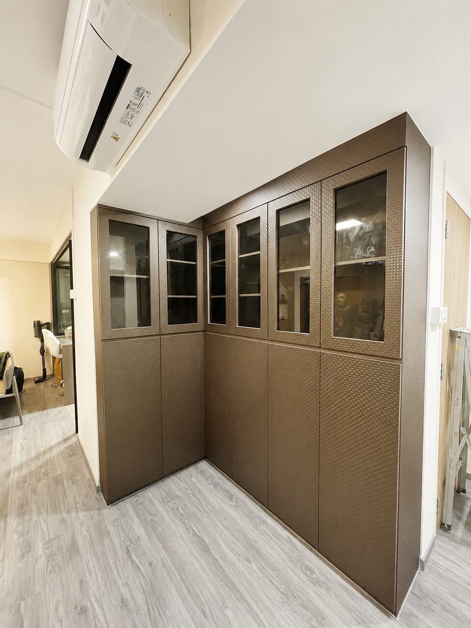 Woodlands Dr 42 HDB bronze basketweave L-shaped corner display cabinet