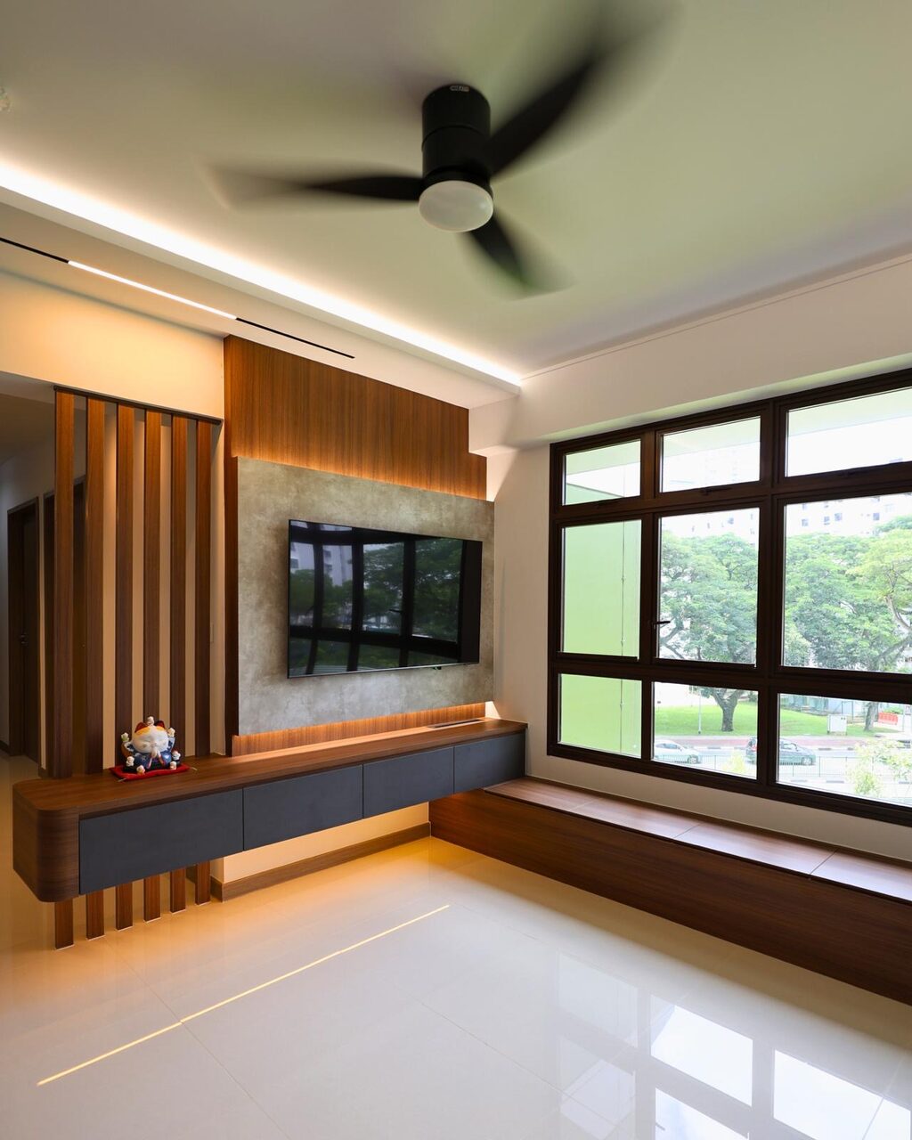 Toa Payoh HDB living feature wall in walnut and microcement with a window bench