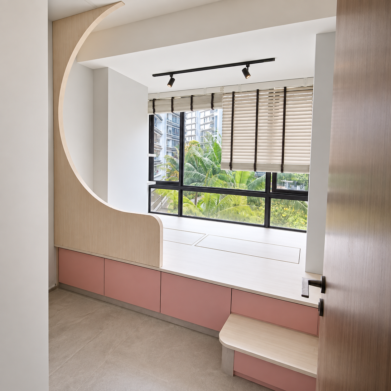 Platform bed angle showing pool view through floor-to-ceiling glass