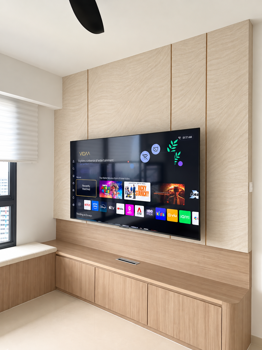 TV wall with VIDAA screen on — oak upper panels and console