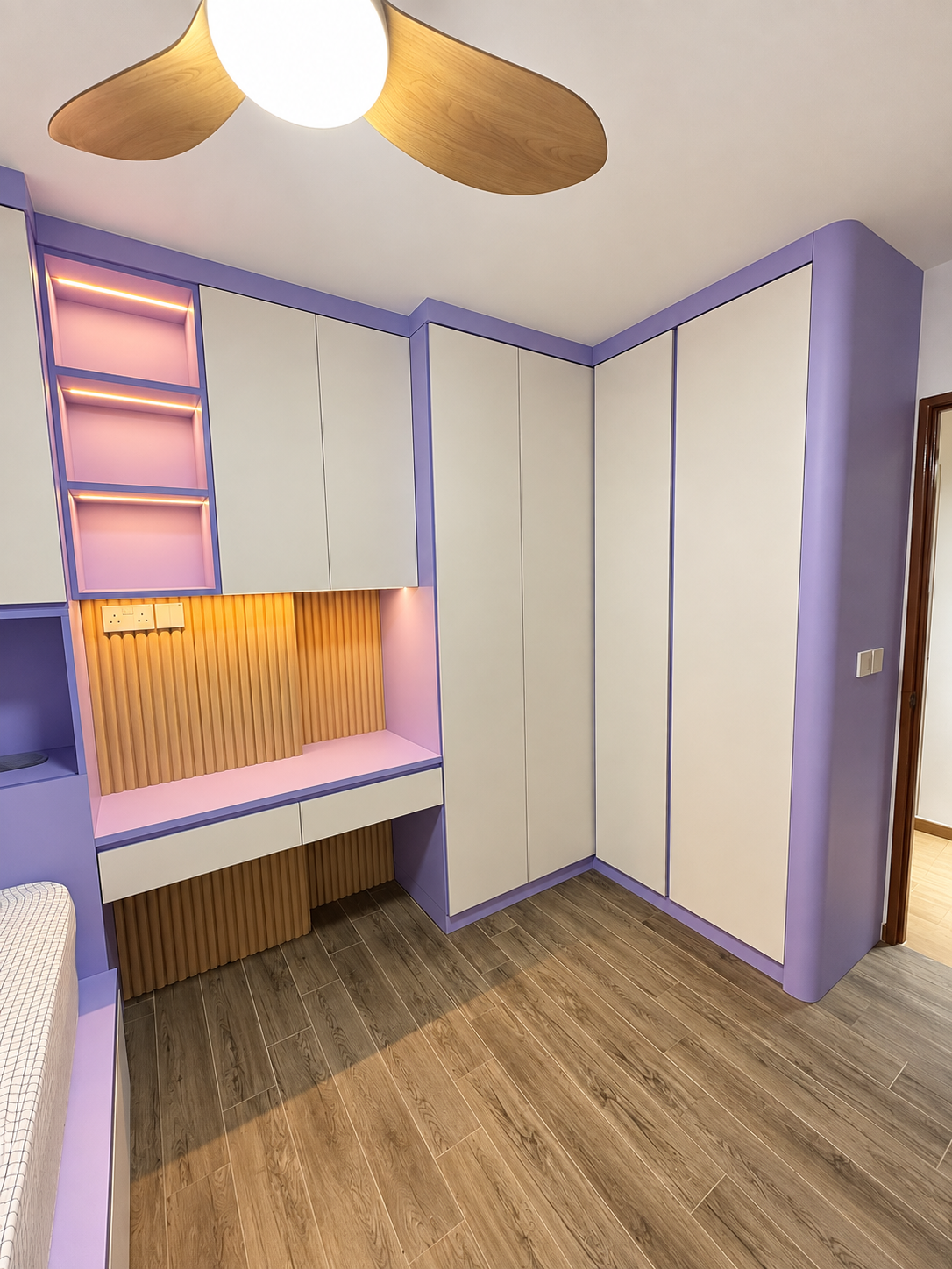 Kids room purple built-in study nook with full-height wardrobe and desk alcove