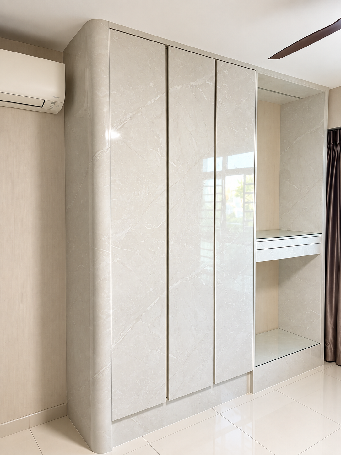 Wardrobe side view showing panel proportions and matte black handles
