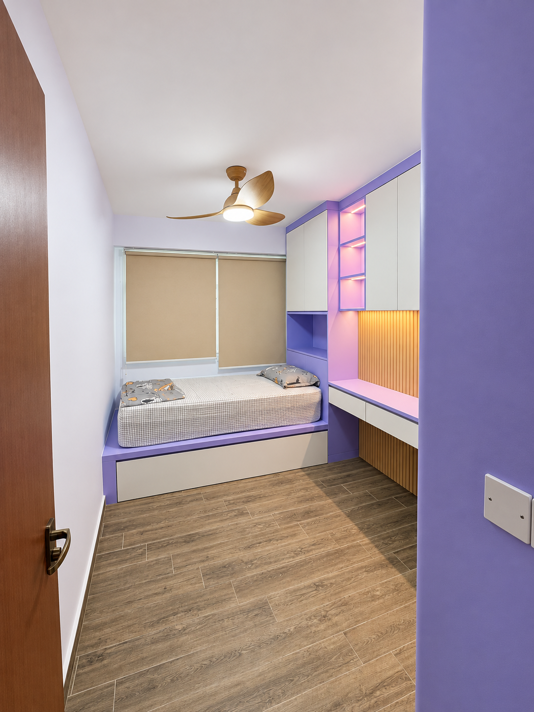 Kids wardrobe detail showing purple panel and white frame proportions