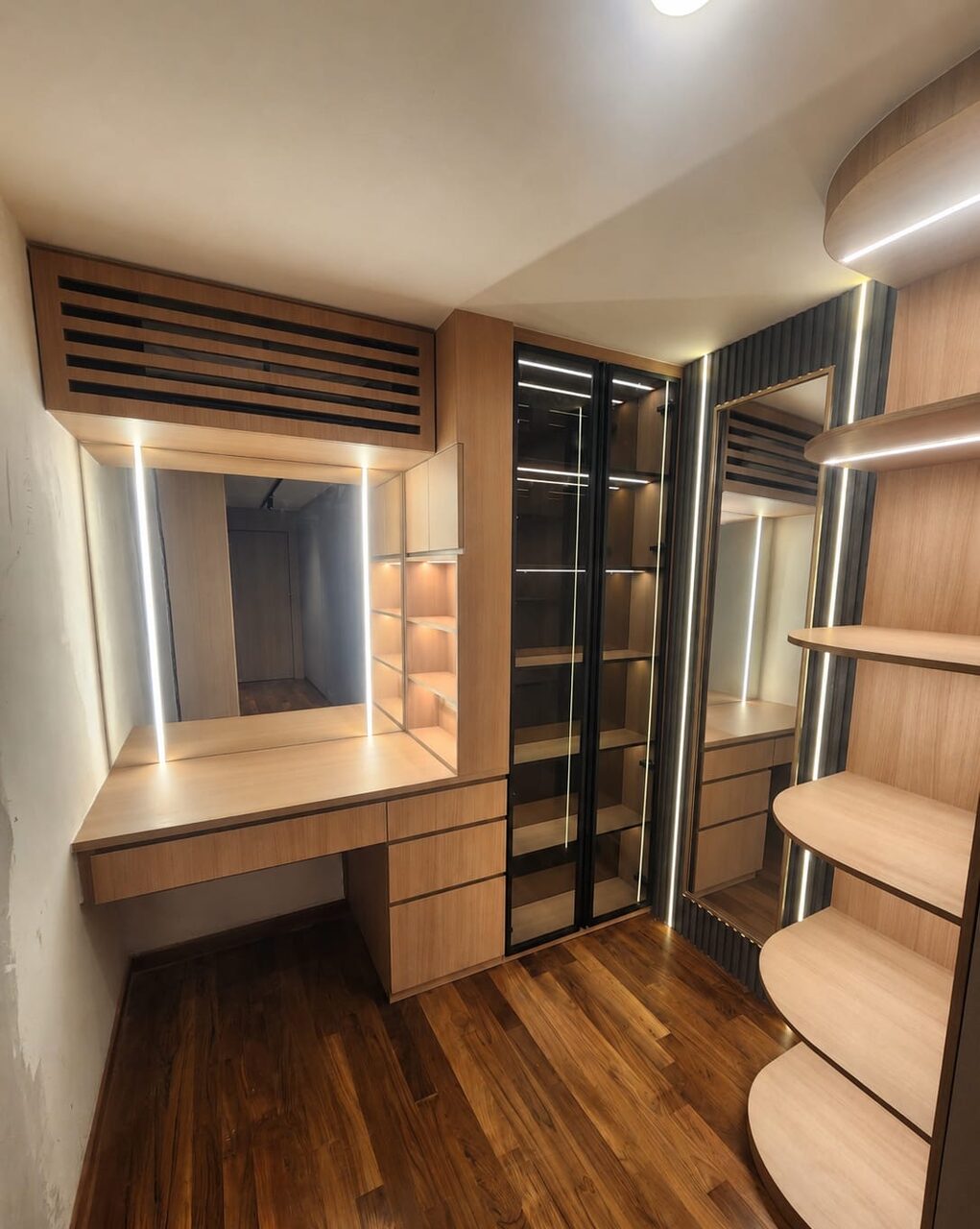 Dressing — vanity, display tower and curved shelving