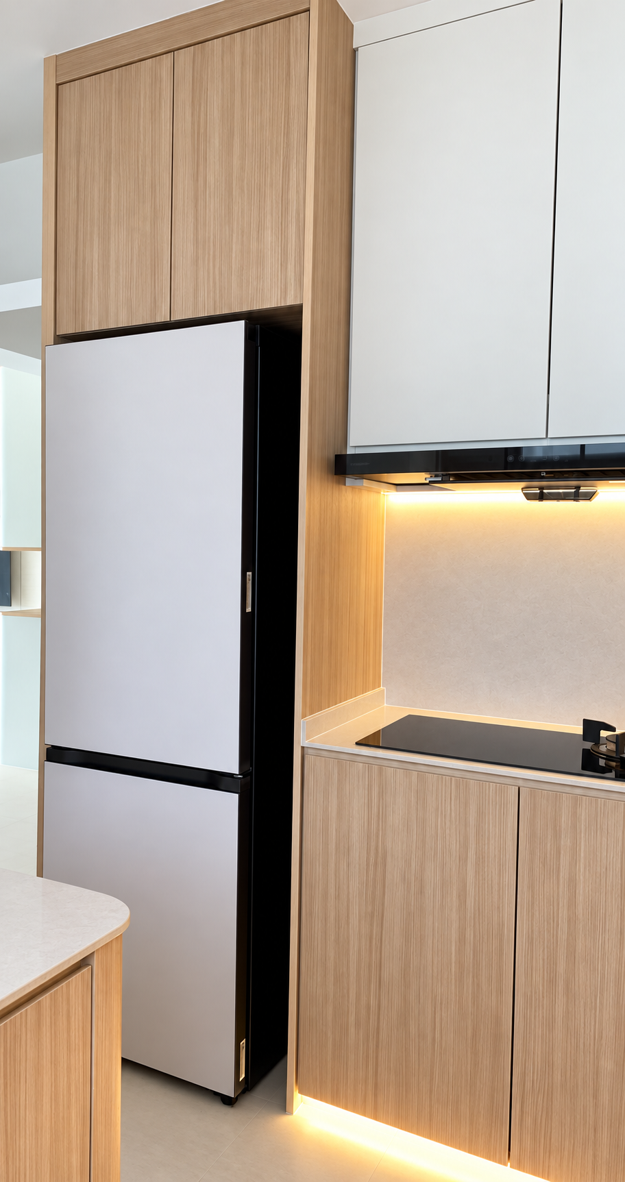 Kitchen with Samsung Bespoke fridge — oak tall cab surround + LED