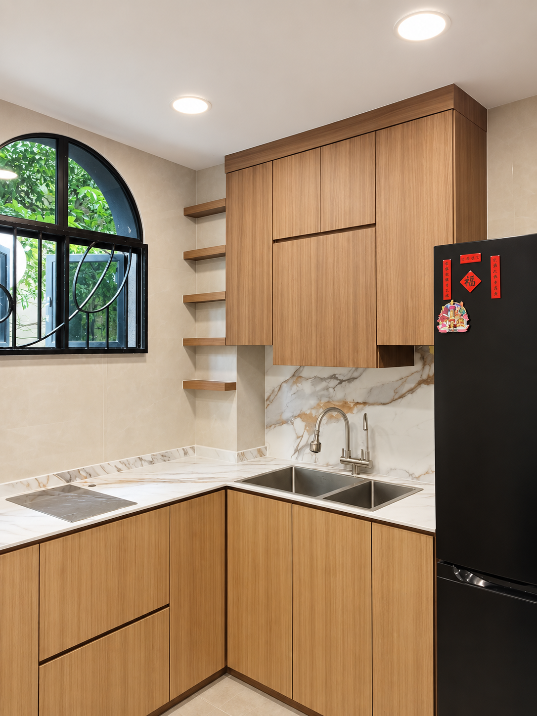 L-shaped oak kitchen with marble worktop and arched window