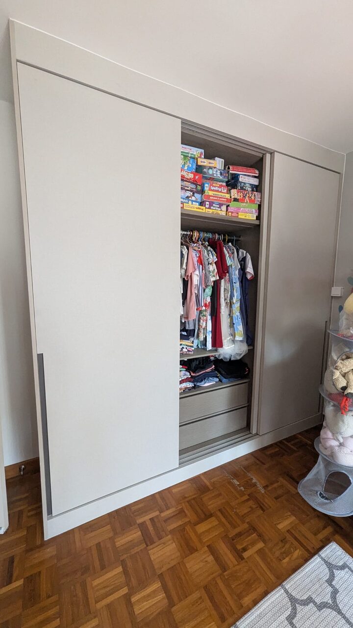Overhead storage above the hanging and shelf run
