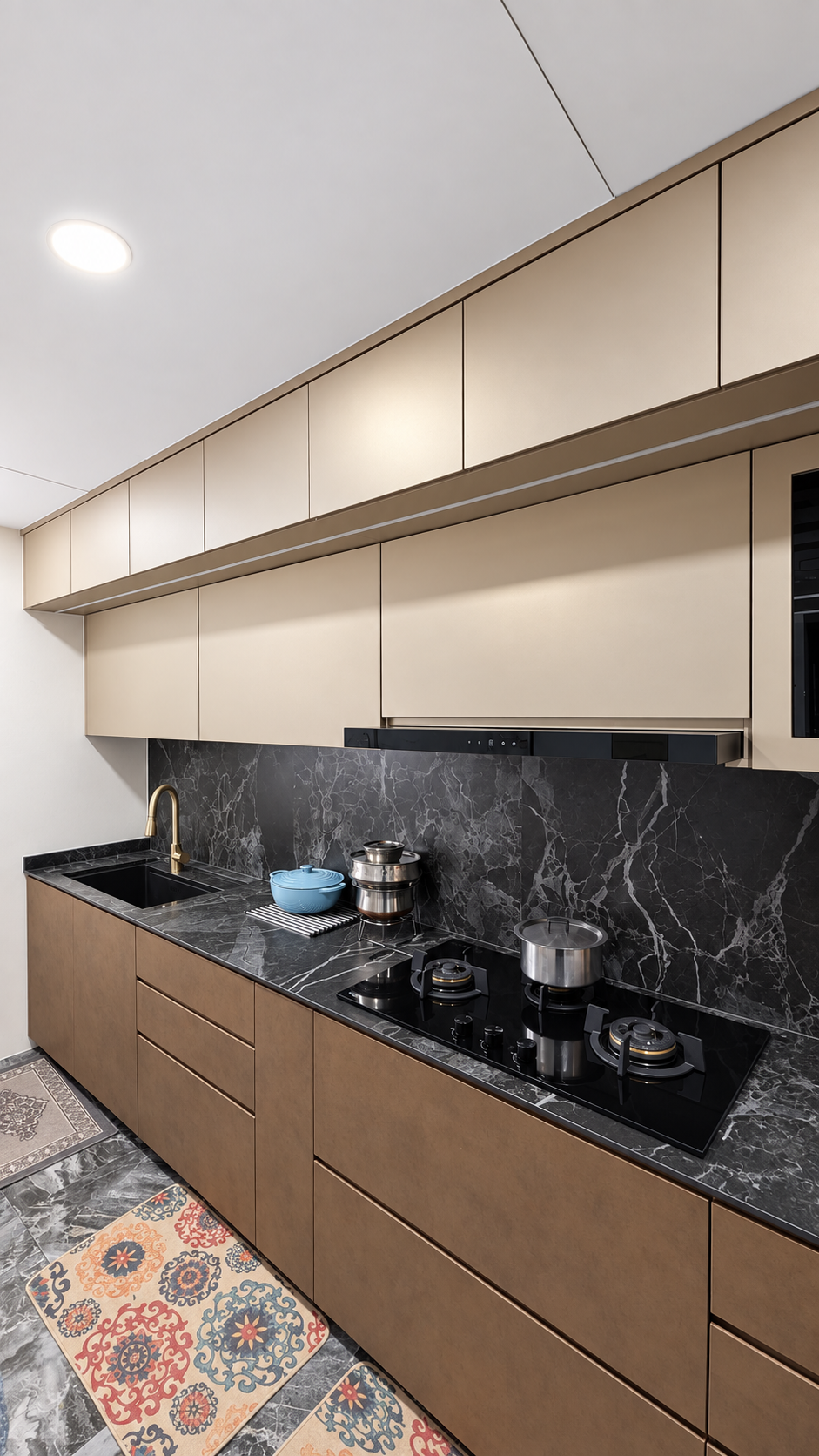Kitchen counter detail with cream cabinets and black marble splashback